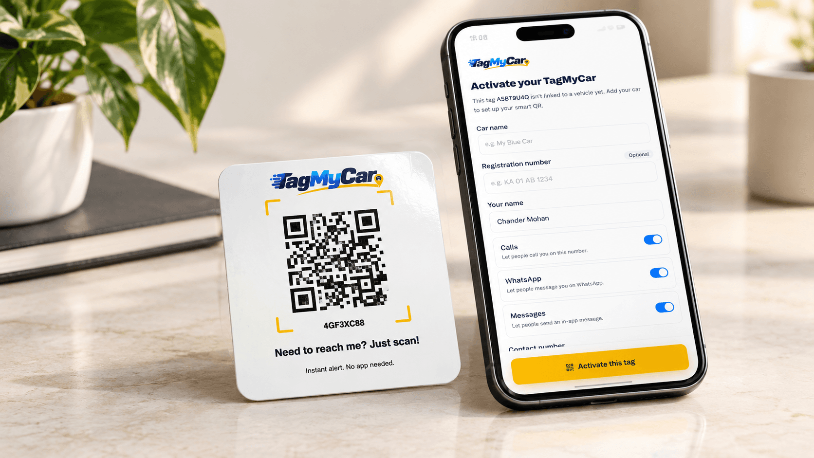 Activating a TagMyCar tag by scanning it with a phone