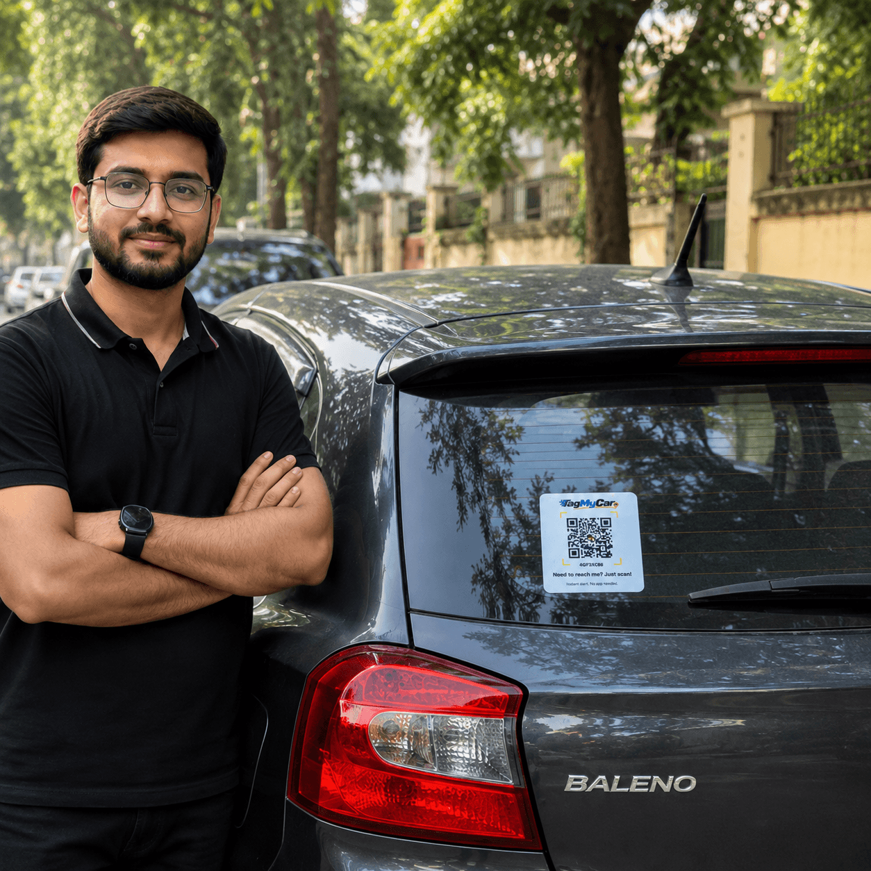 Rahul, a TagMyCar customer, standing beside his car with the tag on the rear windshield